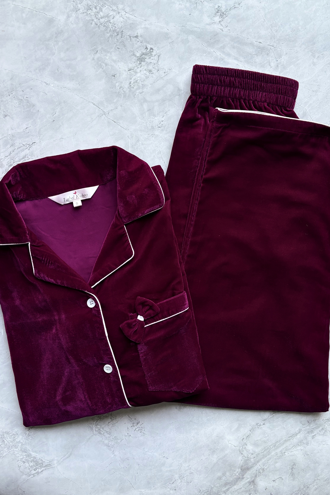 Velvet Night Suit Set With Bow (Magenta)