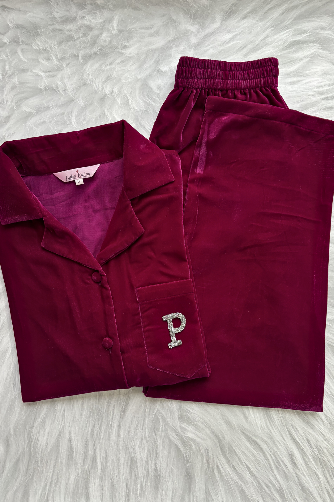 Velvet Night Suit Set With Monogram (Magenta)