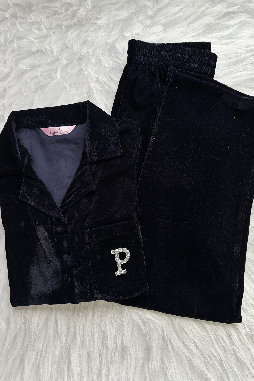 Velvet Night Suit Set With Monogram (Dark Blue)