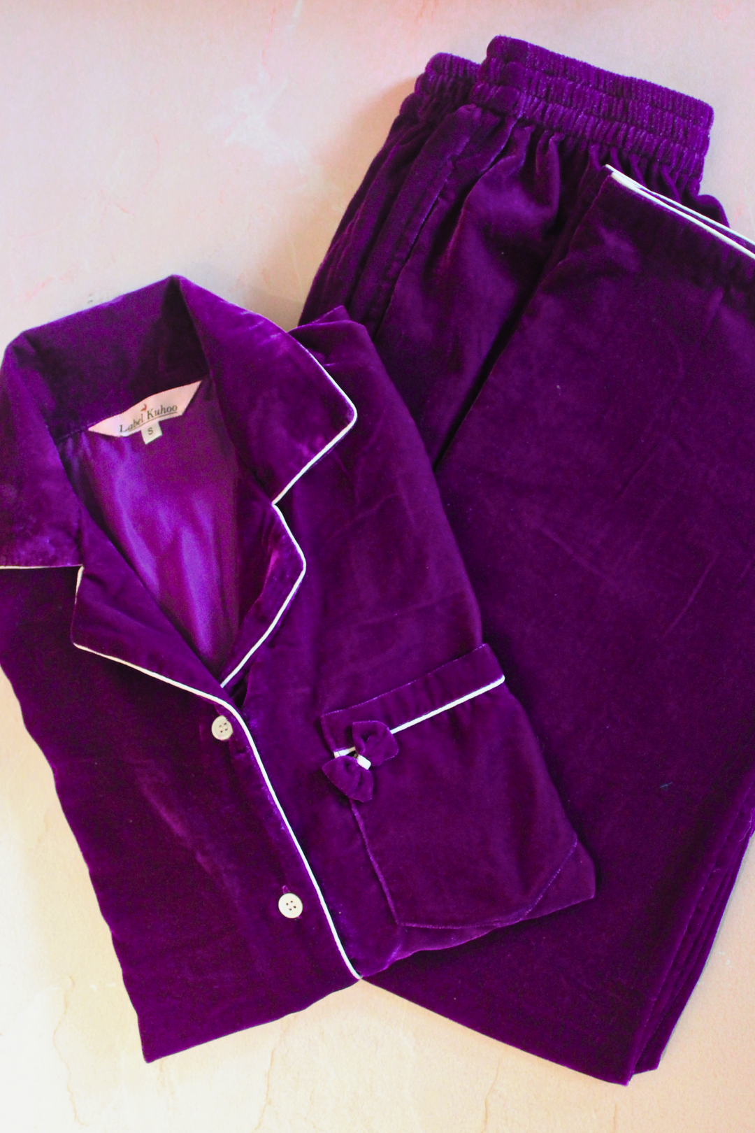 Velvet Night Suit Set With Bow (Purple)