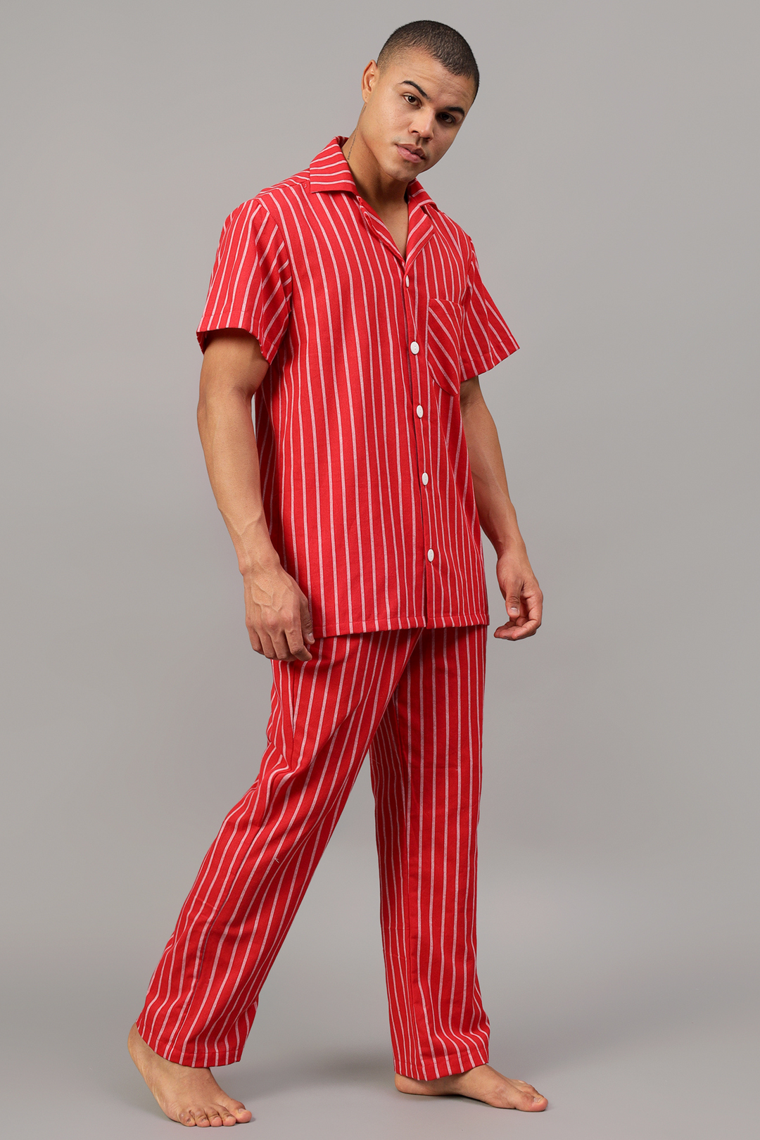 Red Stripes Men Night Suit Set