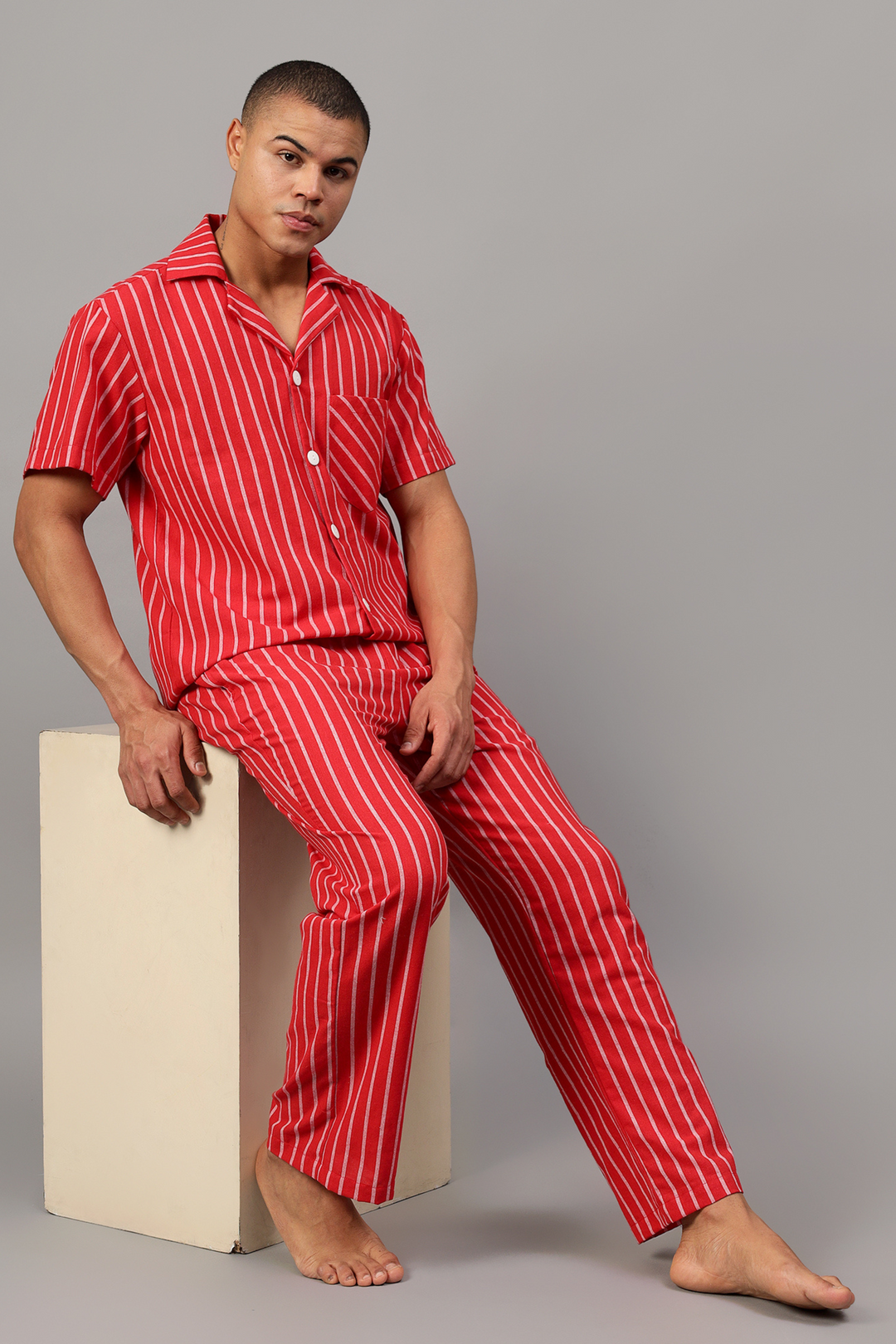 Red Stripes Men Night Suit Set