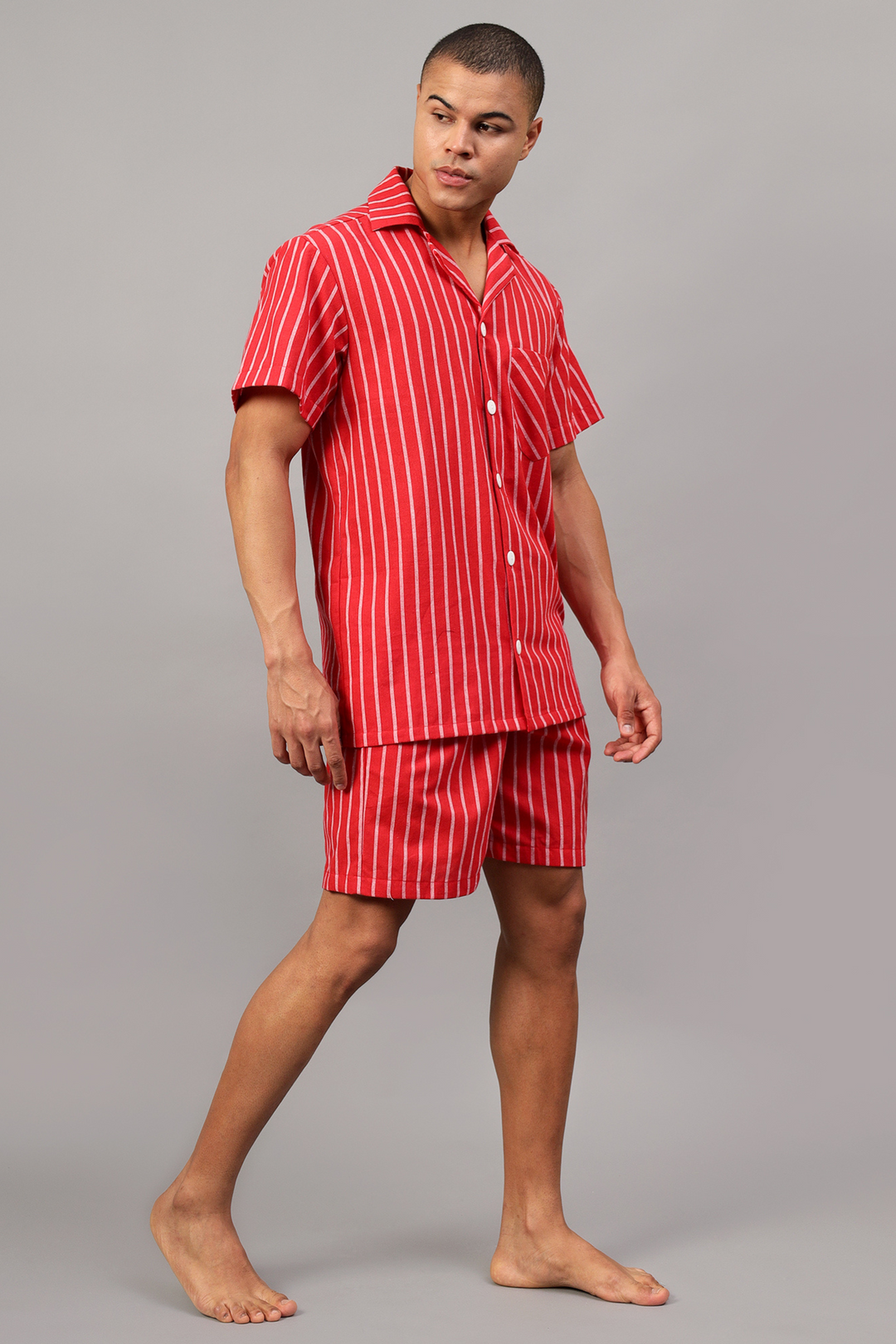 Red Stripes Men Shorts Set