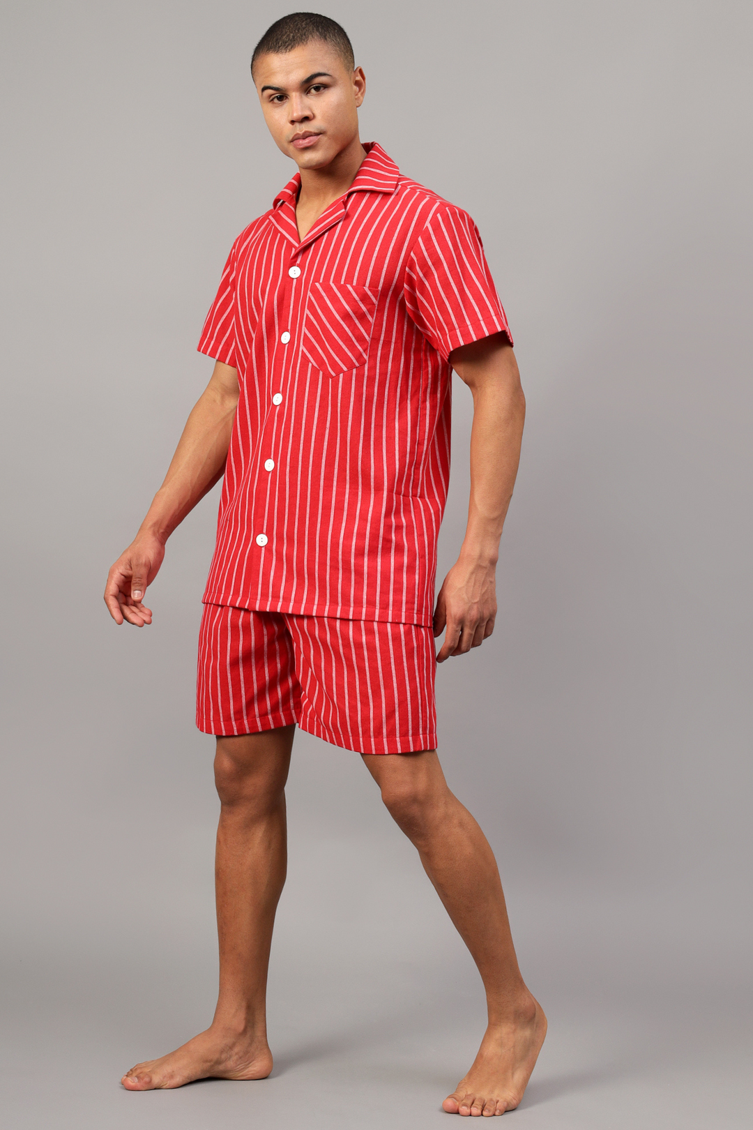 Red Stripes Men Shorts Set