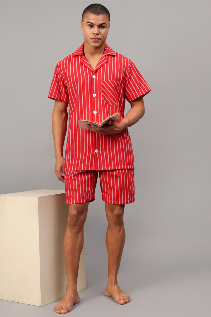 Red Stripes Men Shorts Set