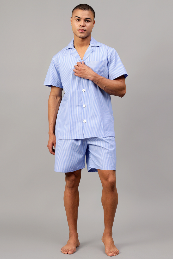 Light Blue Striped Men Shorts Set