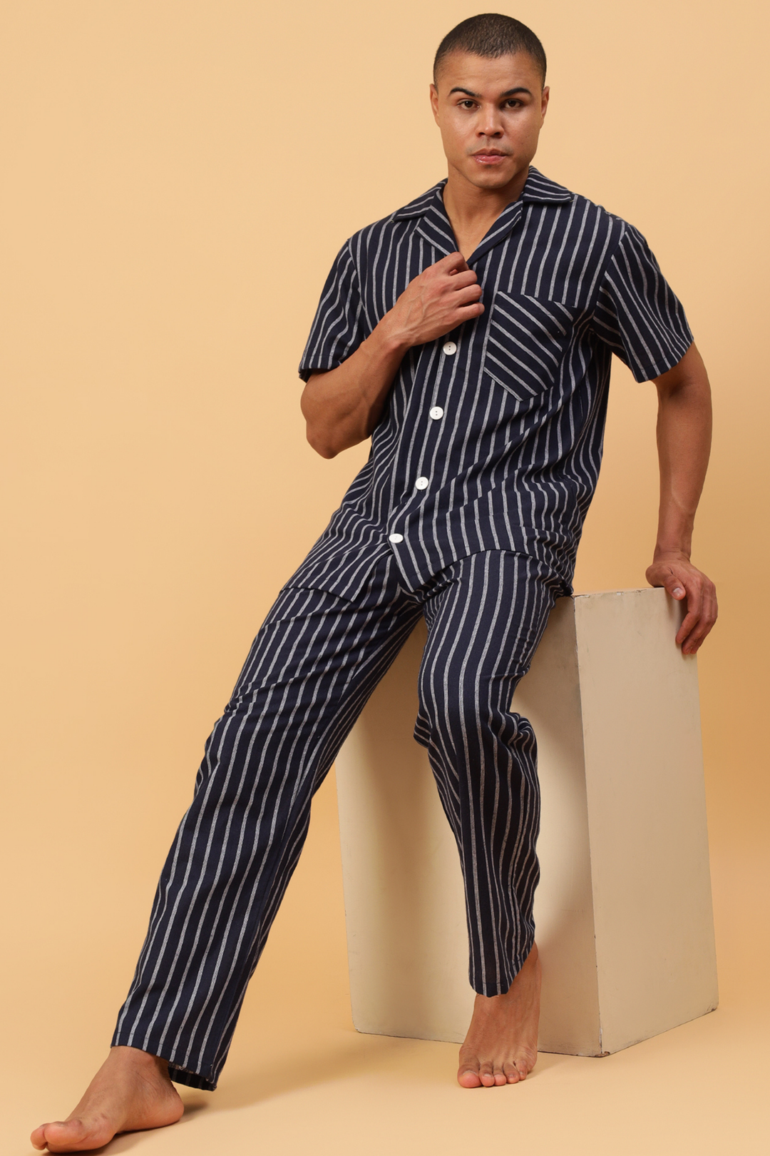 Navy Stripes Men Night Suit Set