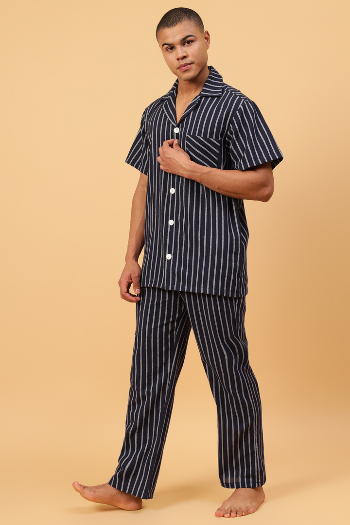 Navy Stripes Men Night Suit Set