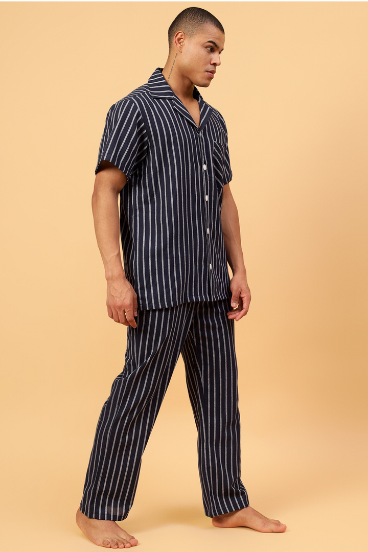 Navy Stripes Men Night Suit Set