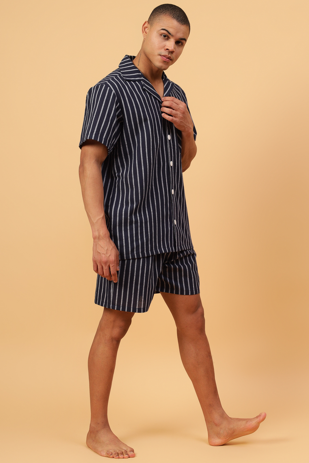 Navy Stripes Men Shorts Set