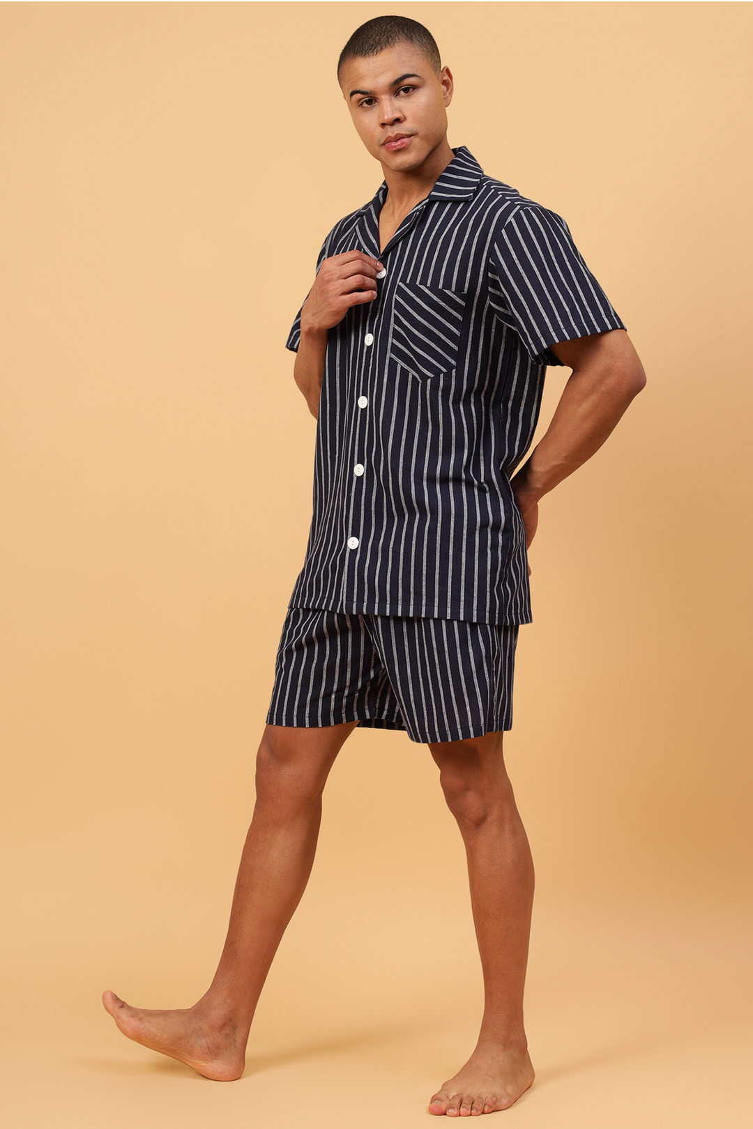 Navy Stripes Men Shorts Set