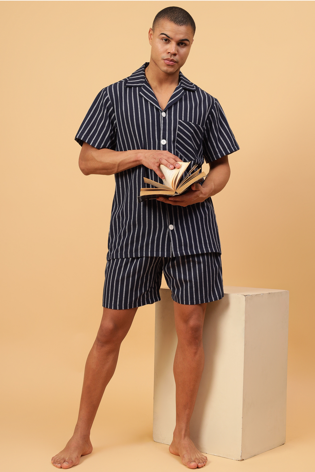 Navy Stripes Men Shorts Set