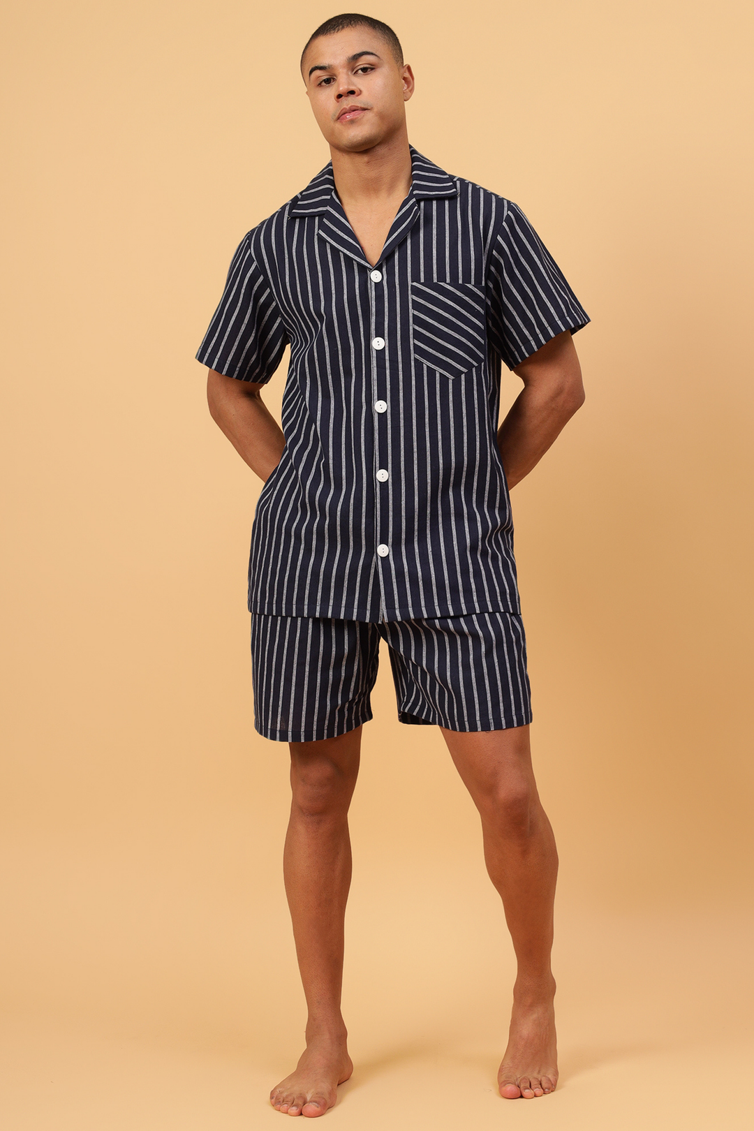 Navy Stripes Men Shorts Set