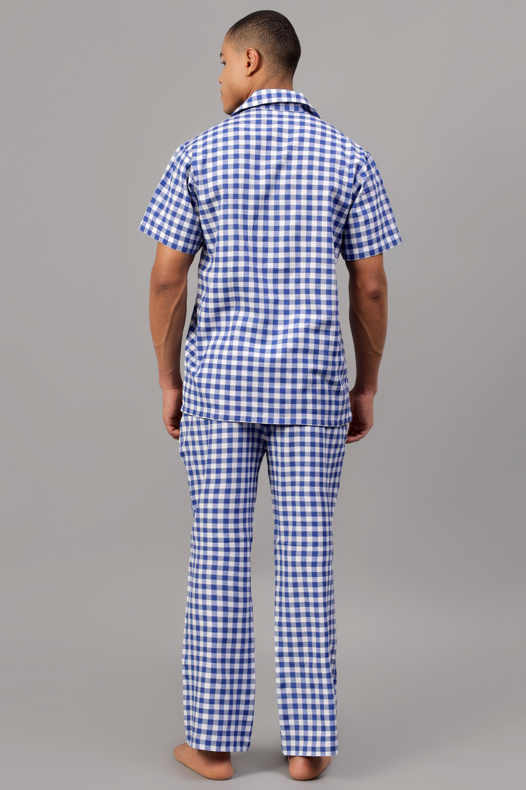 Blue Gingham Men Night Suit Set