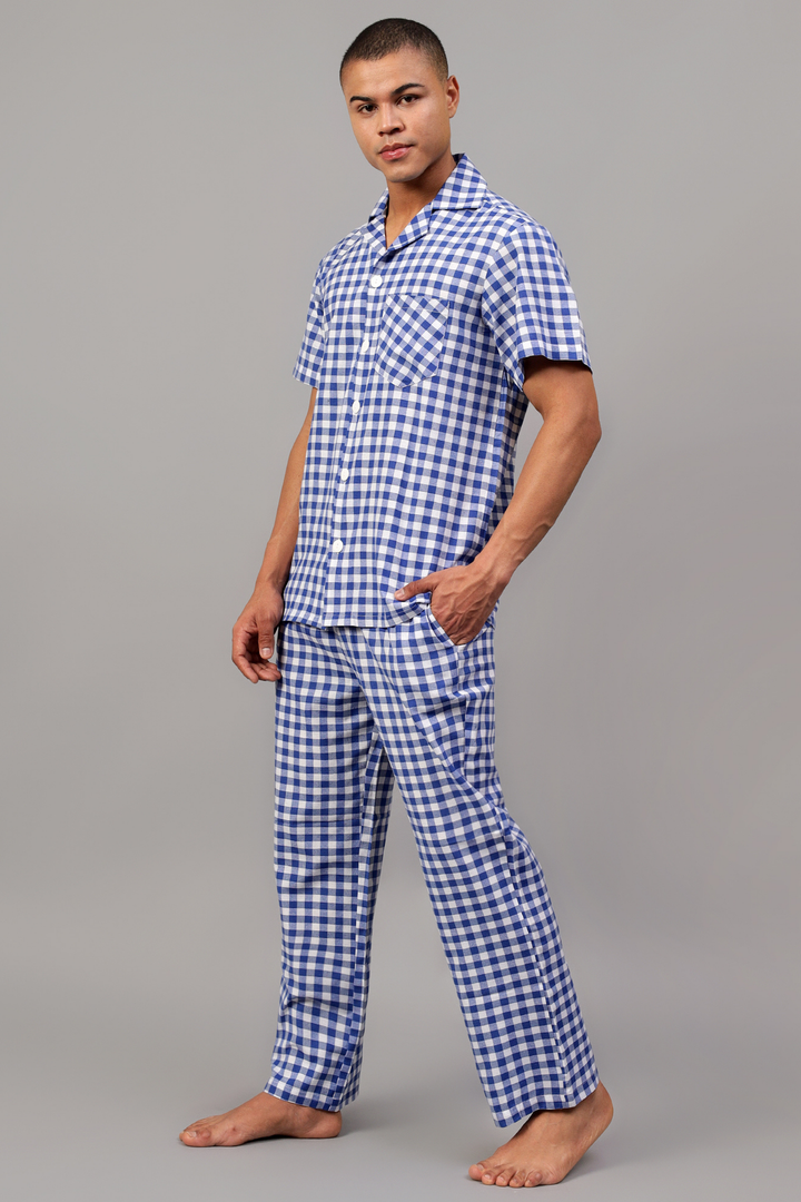 Blue Gingham Men Night Suit Set