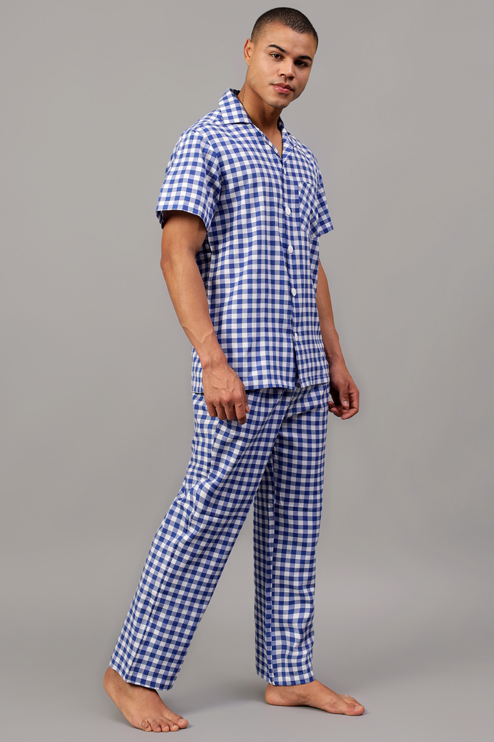 Blue Gingham Men Night Suit Set