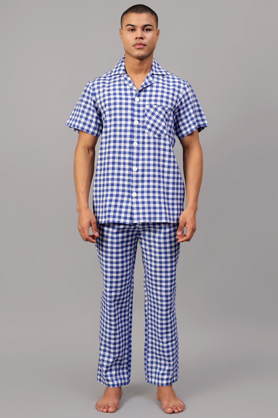 Blue Gingham Men Night Suit Set