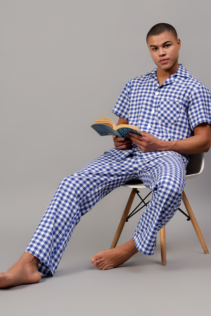 Blue Gingham Men Night Suit Set