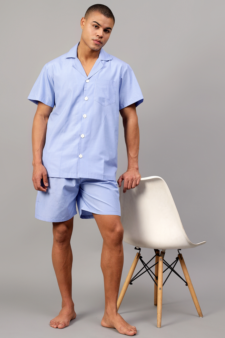 Light Blue Striped Men Shorts Set