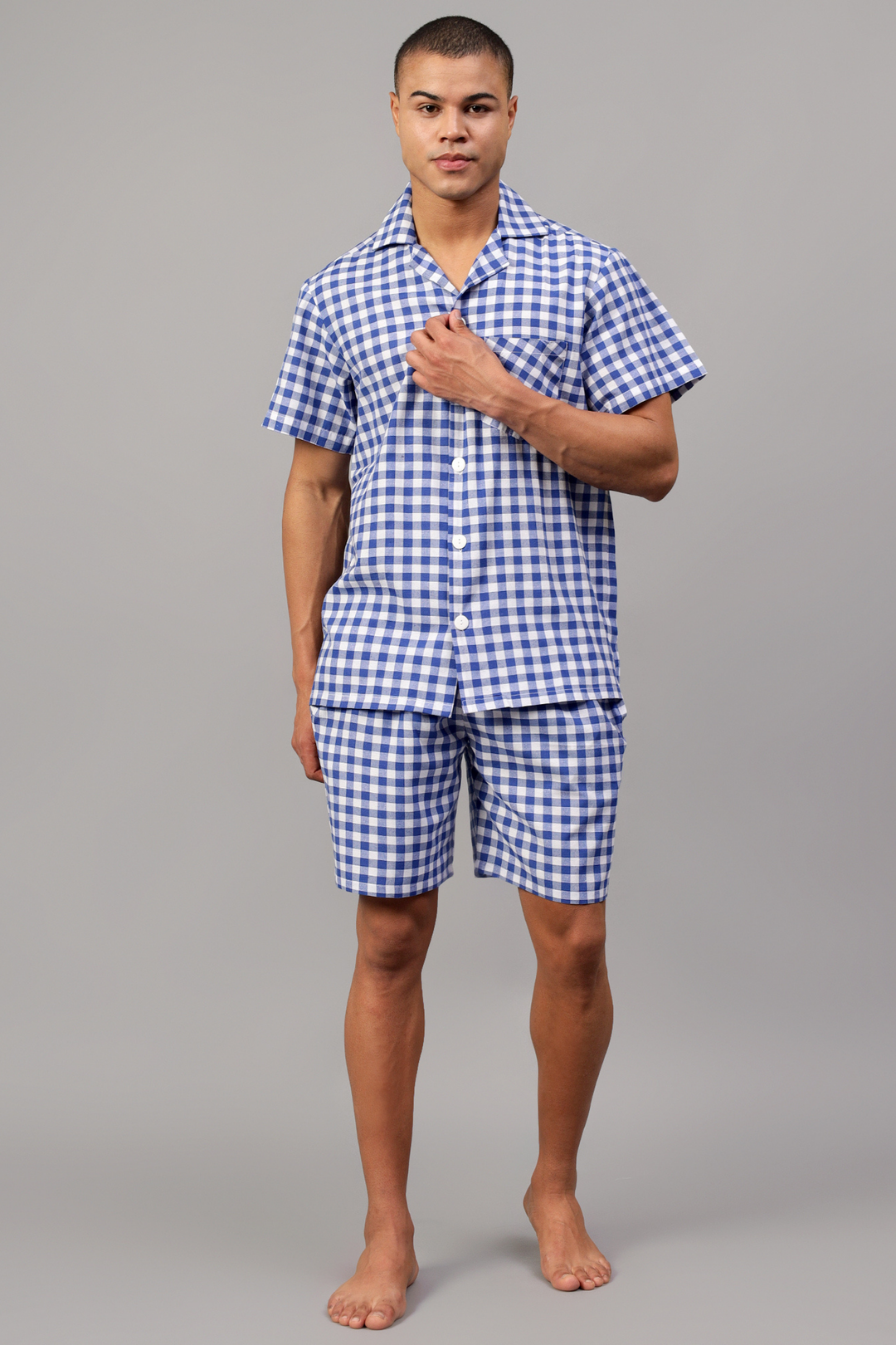 Blue Gingham Men Shorts Set