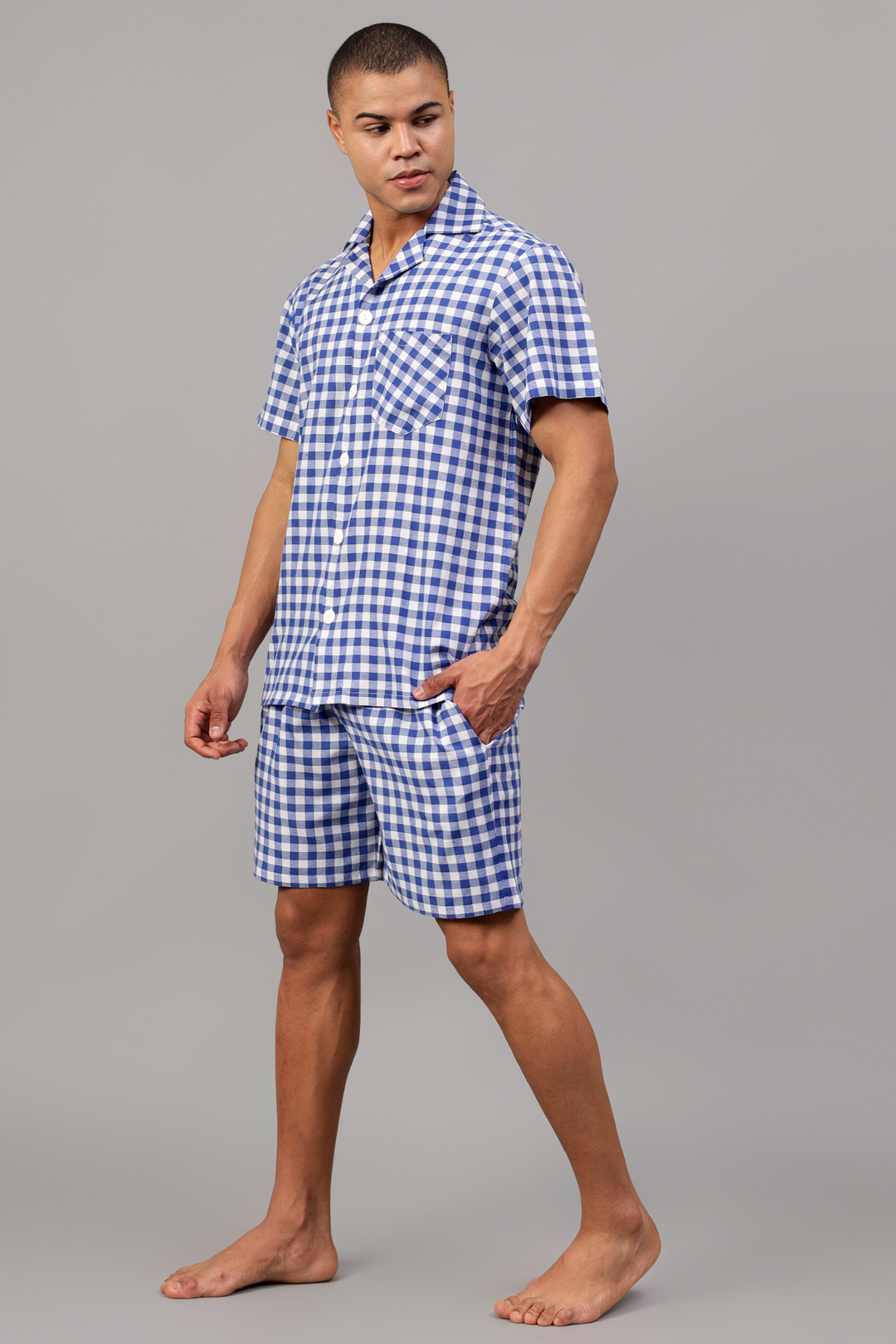 Blue Gingham Men Shorts Set