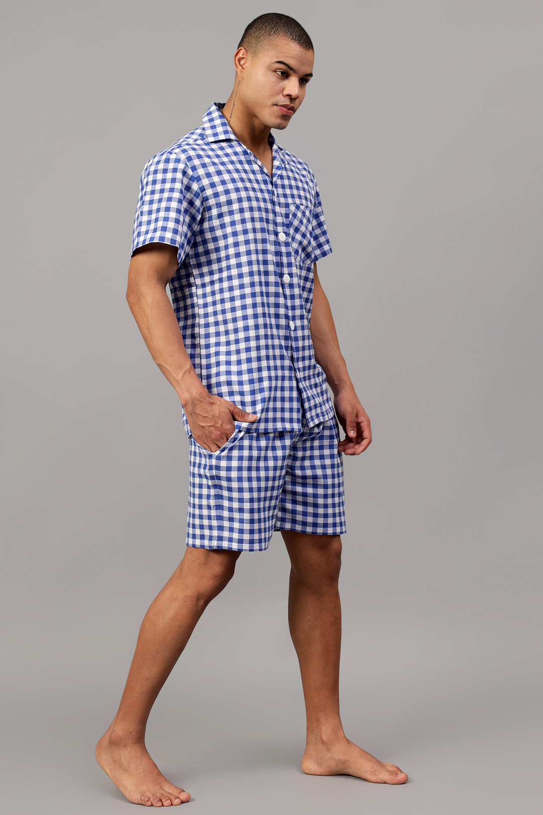 Blue Gingham Men Shorts Set