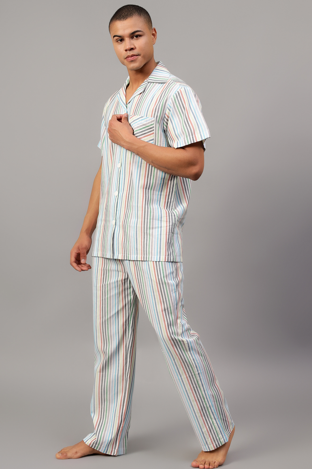 Multicoloured Stripes Men Night Suit Set