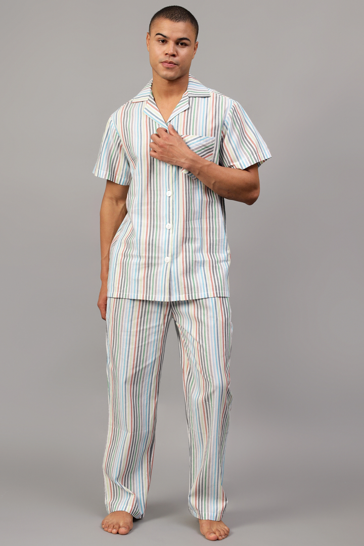 Multicoloured Stripes Men Night Suit Set