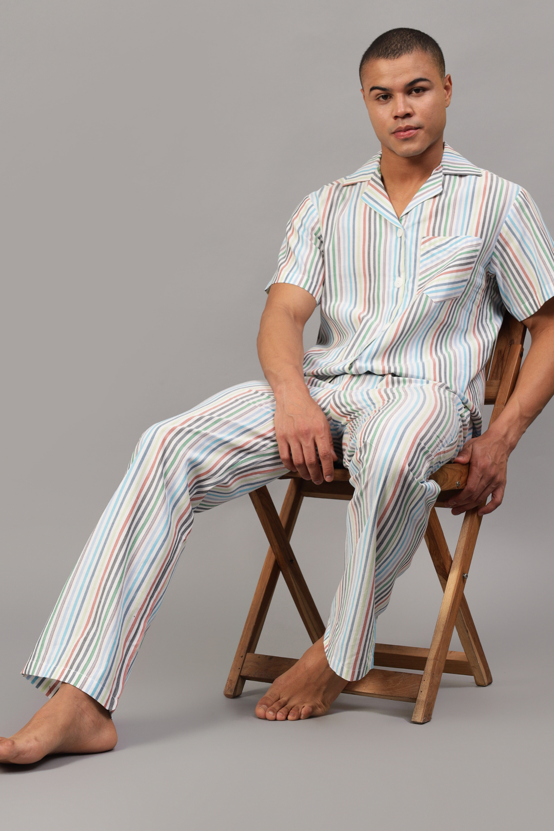 Multicoloured Stripes Men Night Suit Set