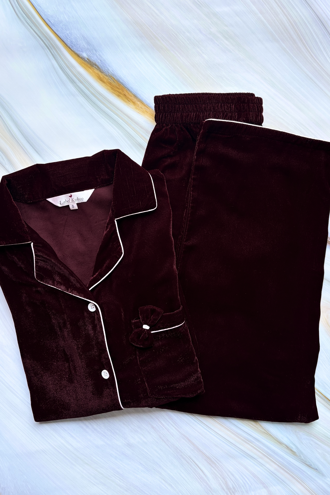 Velvet Night Suit Set With Bow (Maroon)