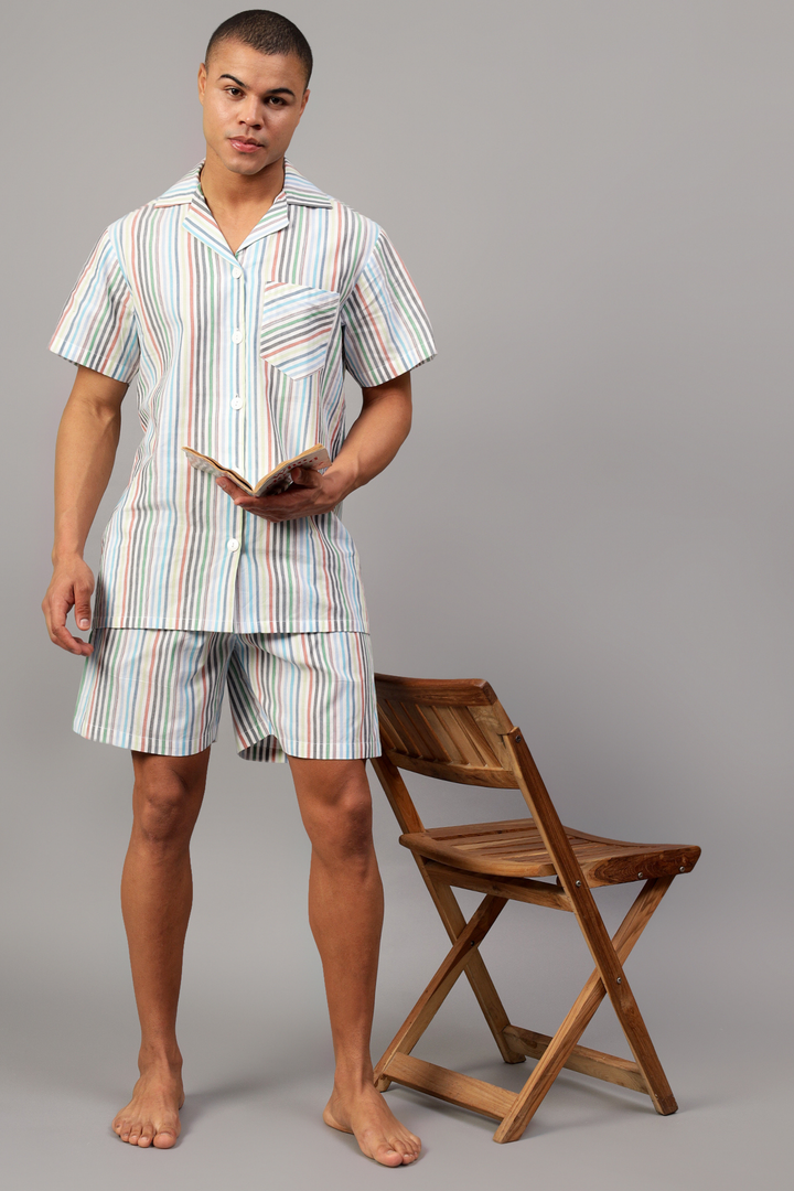 Multicoloured Stripes Men Shorts Set