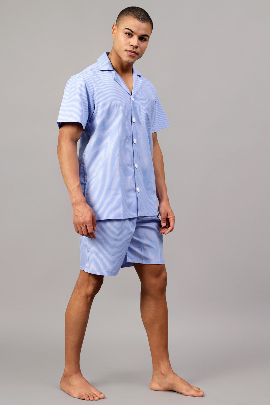 Light Blue Striped Men Shorts Set