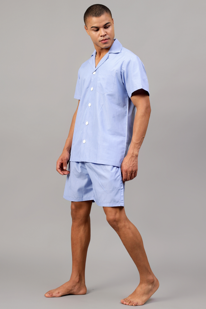 Light Blue Striped Men Shorts Set