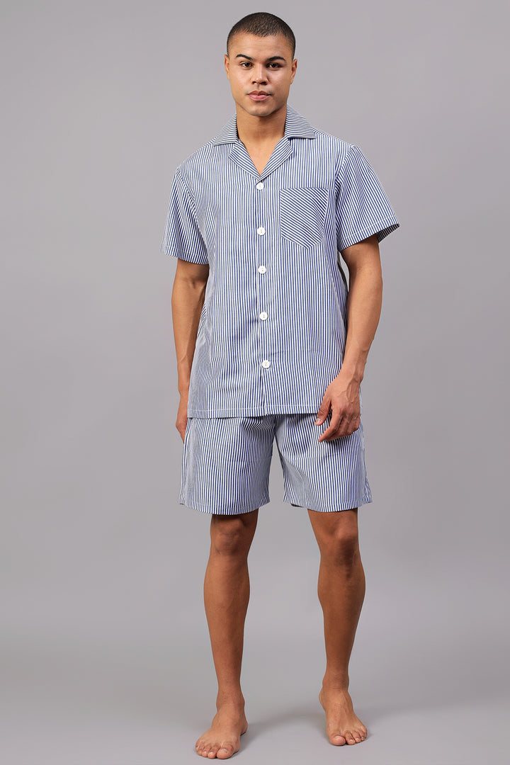 Dark Blue Striped Men Shorts Set