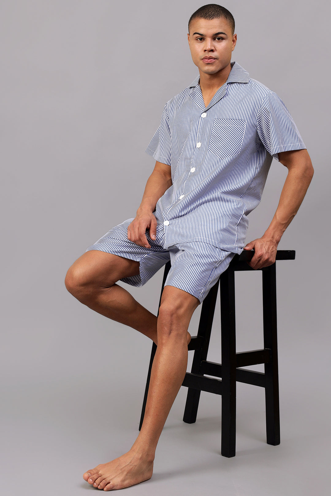 Dark Blue Striped Men Shorts Set