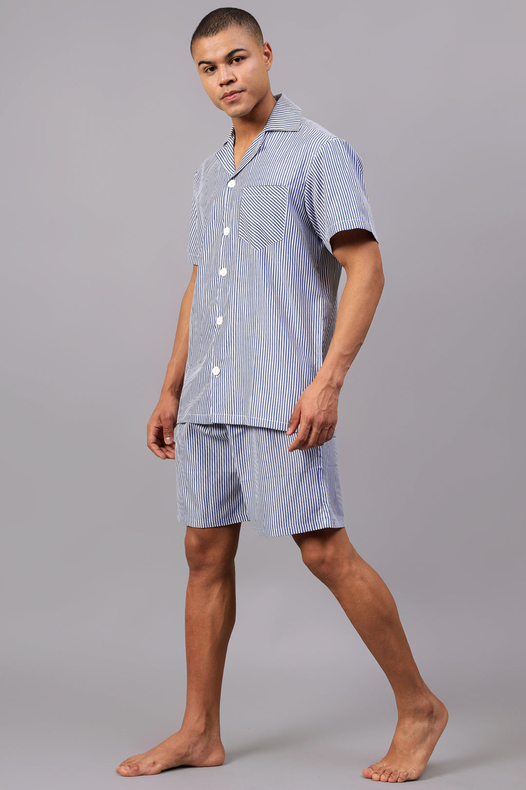 Dark Blue Striped Men Shorts Set