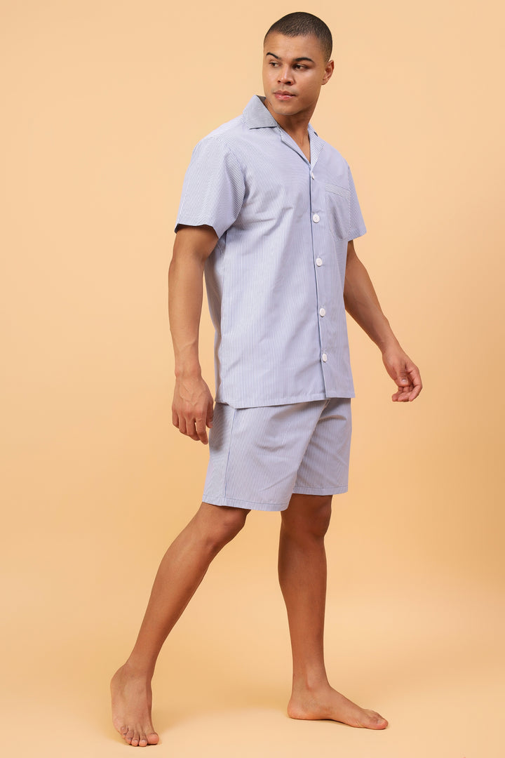 Light Blue & White Stripes Men Shorts Set