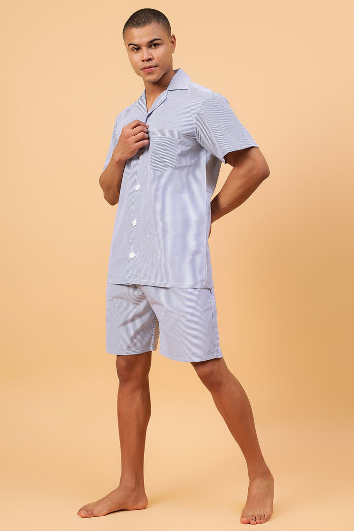 Light Blue & White Stripes Men Shorts Set