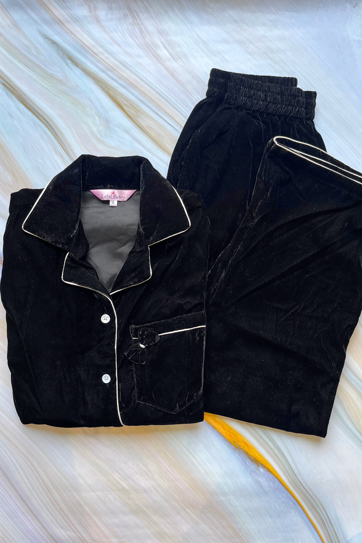 Velvet Night Suit Set With Bow (Black)