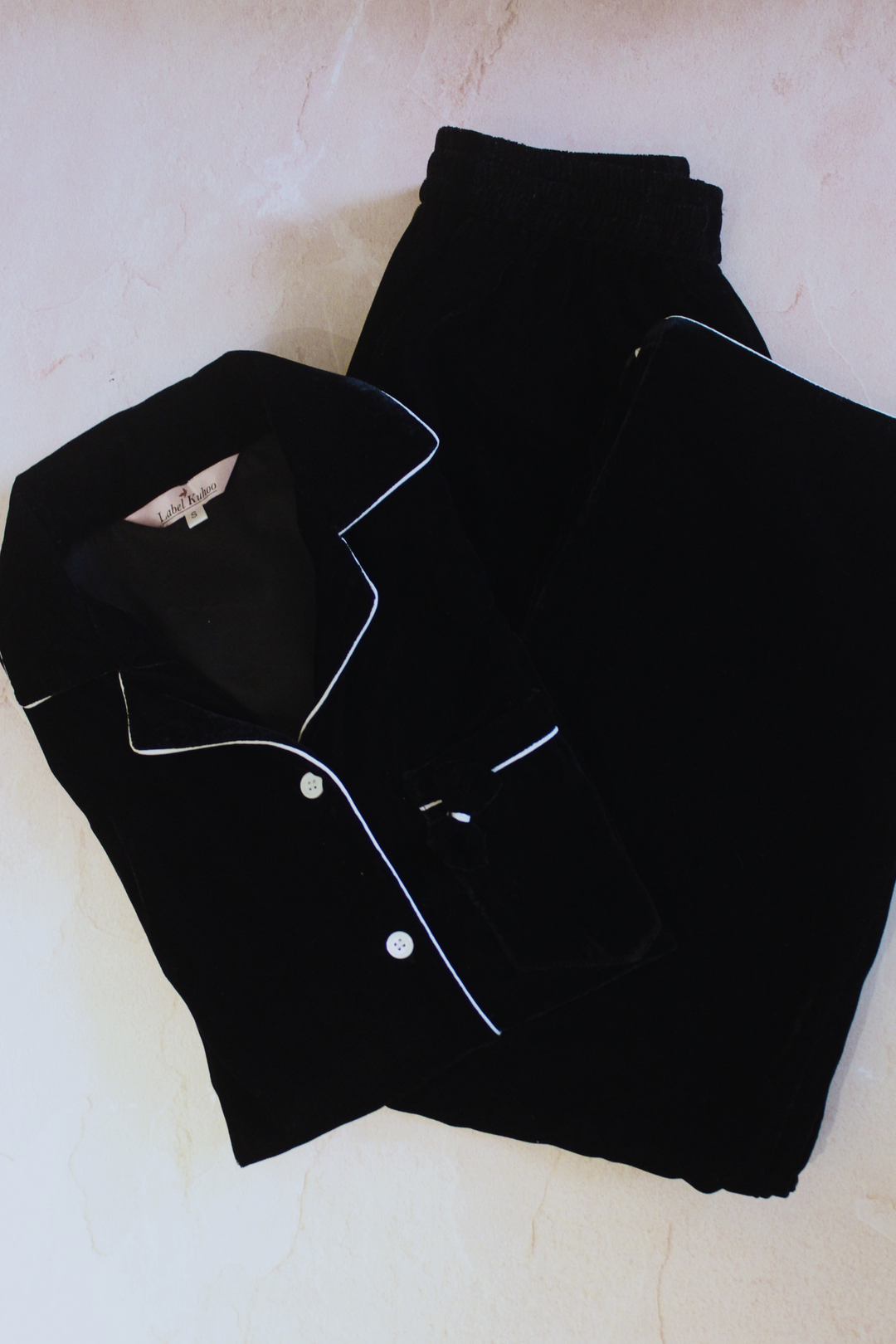 Velvet Night Suit Set With Bow (Black)