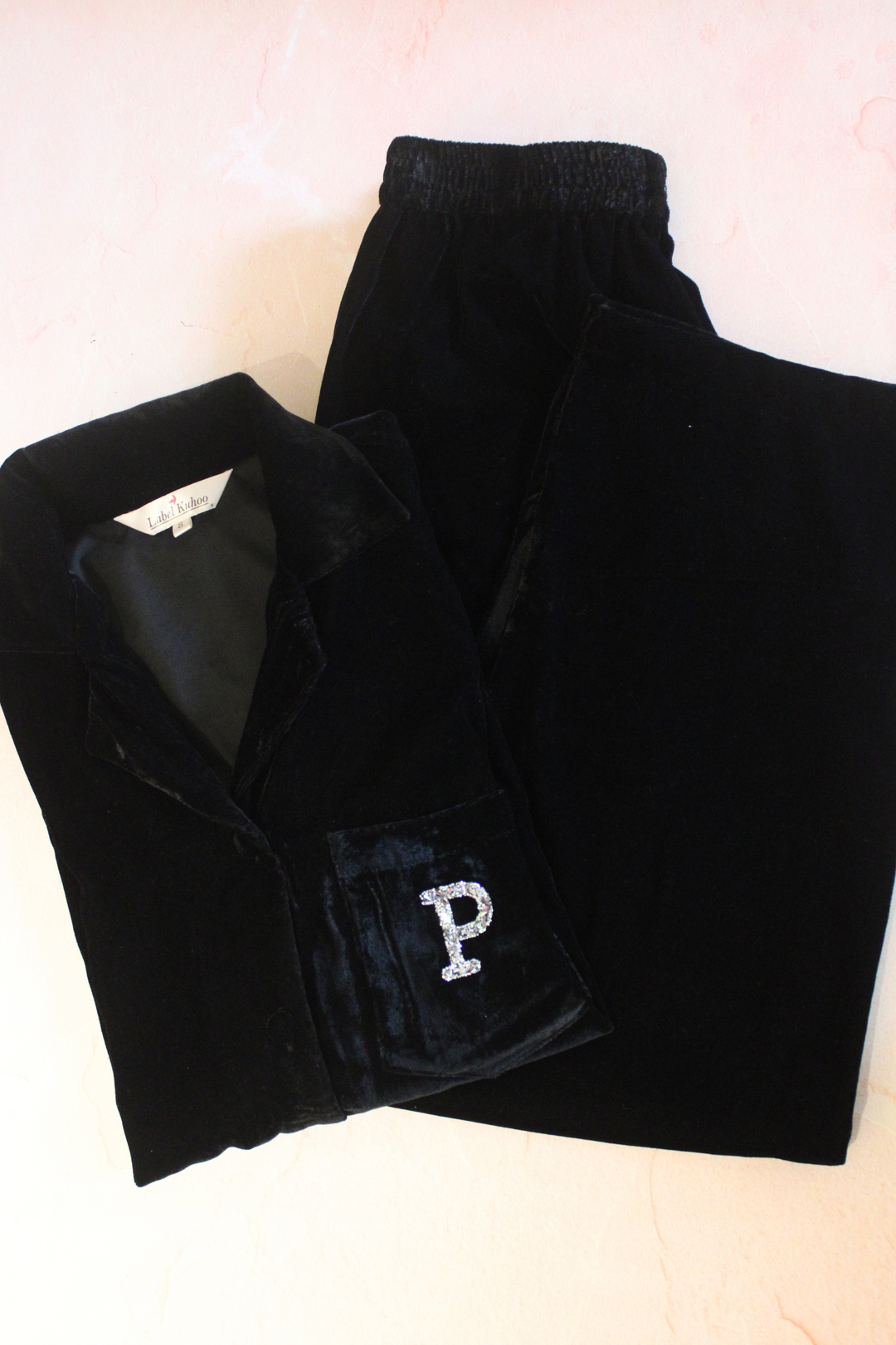Velvet Night Suit Set With Monogram (Black)