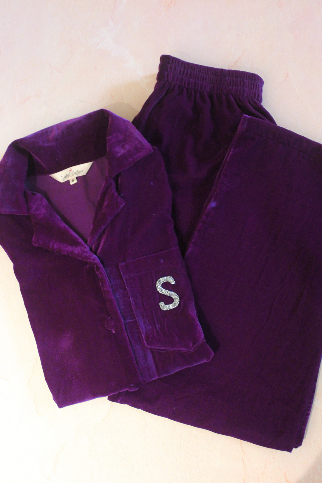 Velvet Night Suit Set With Monogram (Purple)