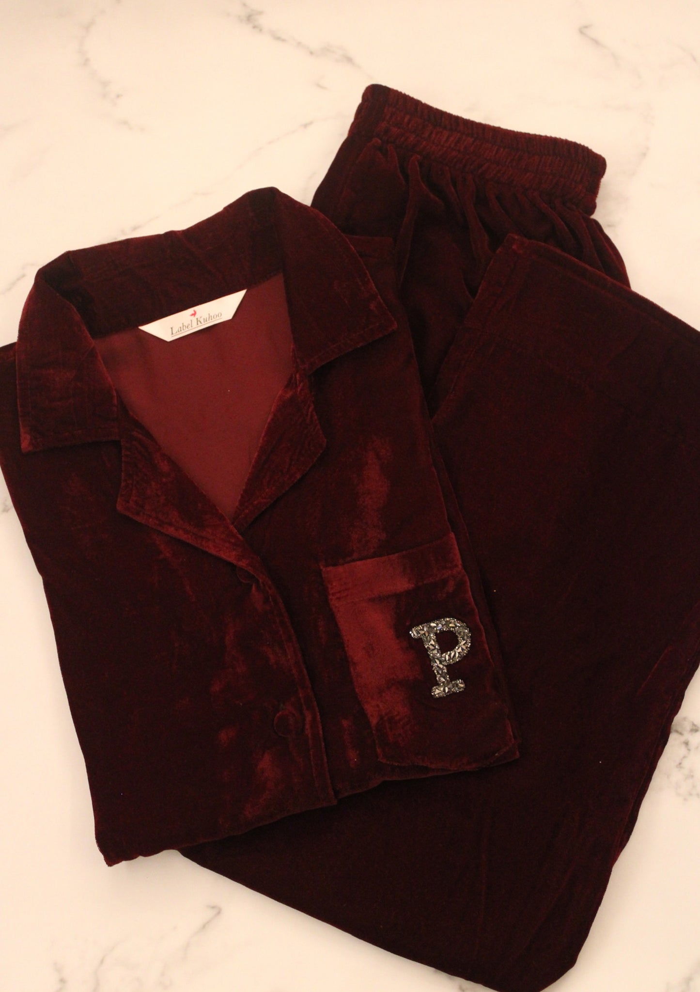 Velvet Night Suit Set With Monogram (Maroon)