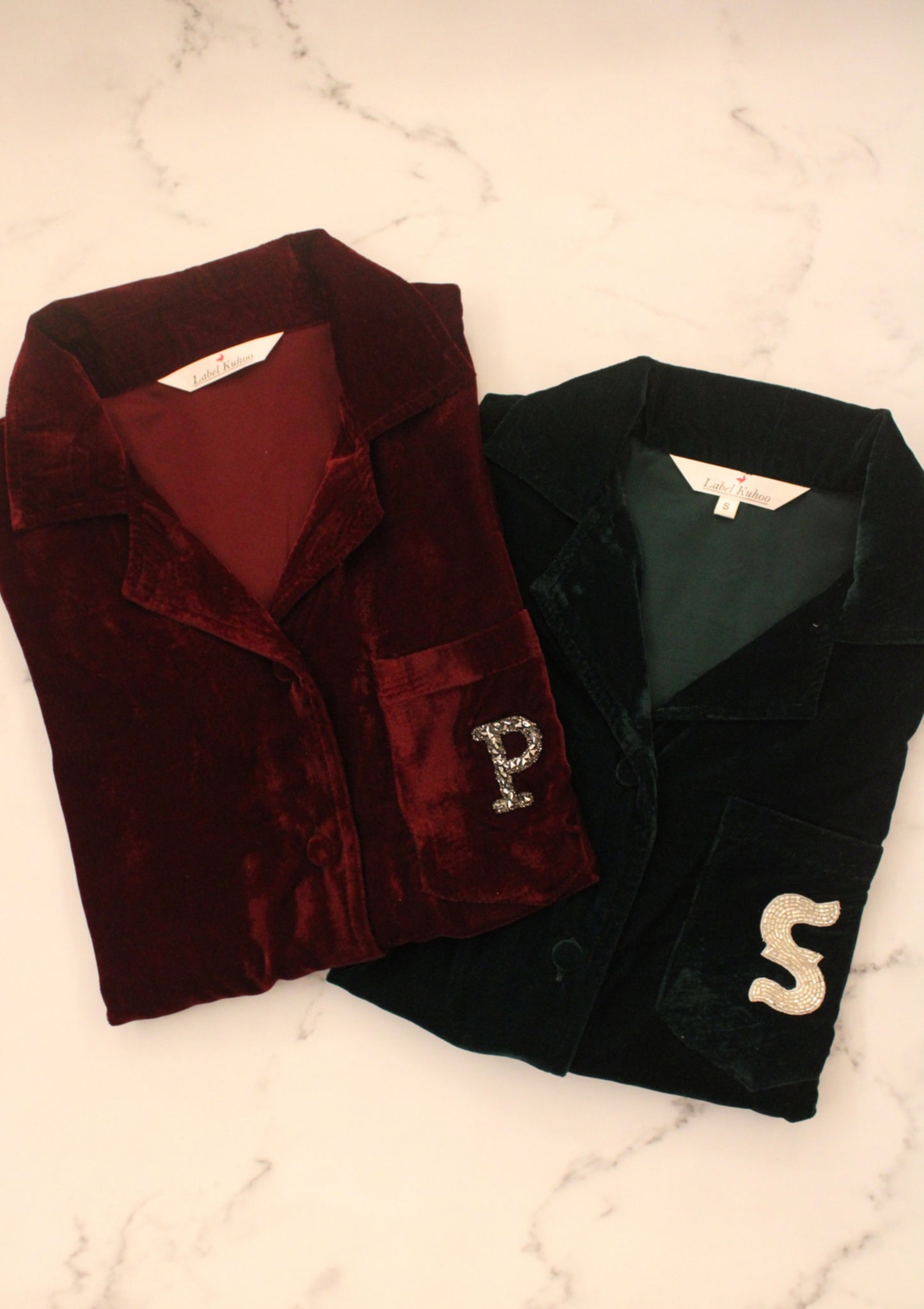 Velvet Night Suit Set With Monogram (Maroon)
