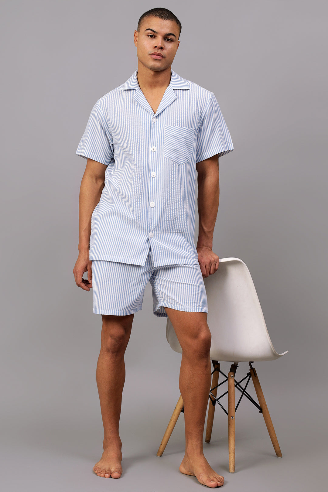 Blue & White Stripes Men Shorts Set