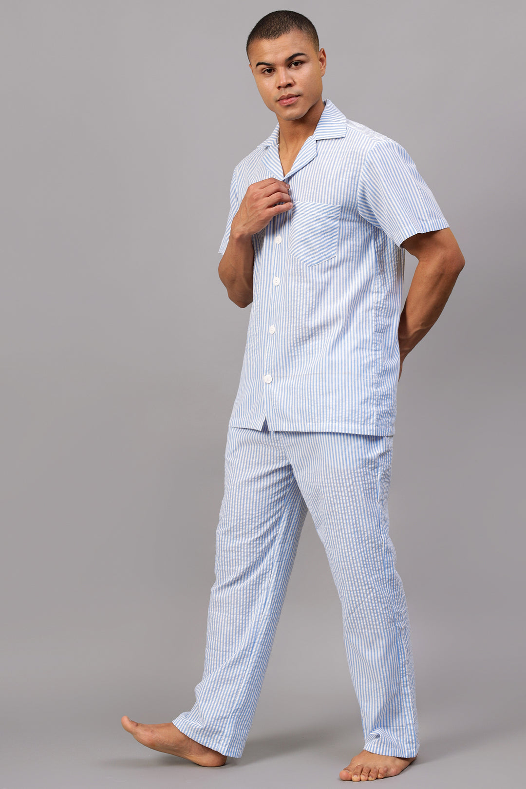 Buy Stylish Blue White Stripes Men Night Suit Set 100% Cotton