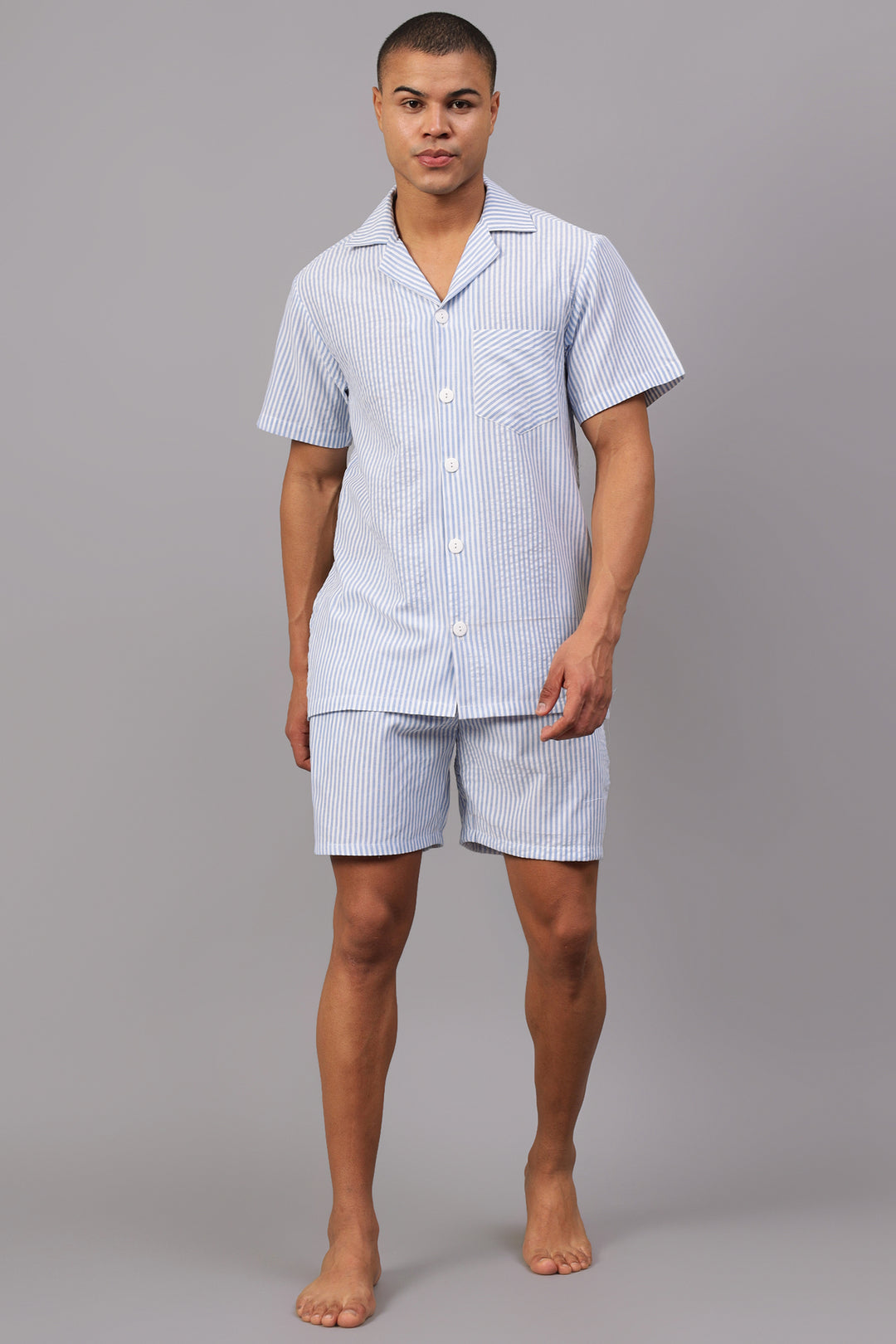 Blue & White Stripes Men Shorts Set