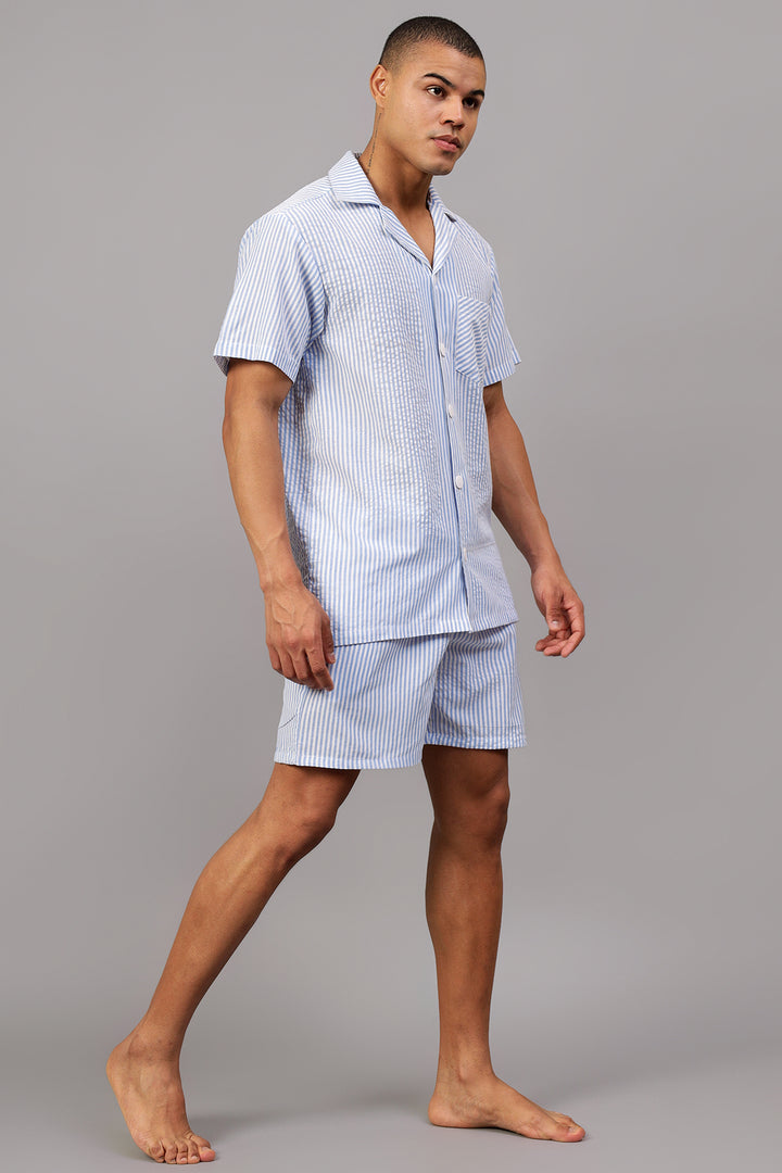 Blue & White Stripes Men Shorts Set