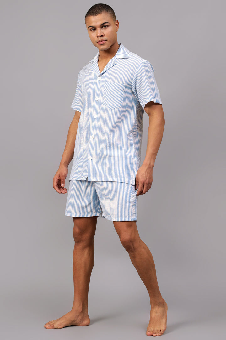 Blue & White Stripes Men Shorts Set