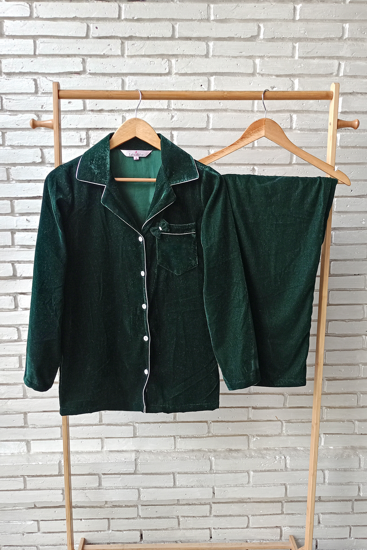 Velvet Night Suit Set With Bow (Bottle Green)
